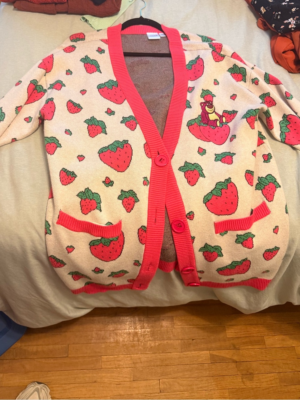 Lots-o'-Huggin' Bea  Cream Strawberry Print Cardigan with Pink Trim